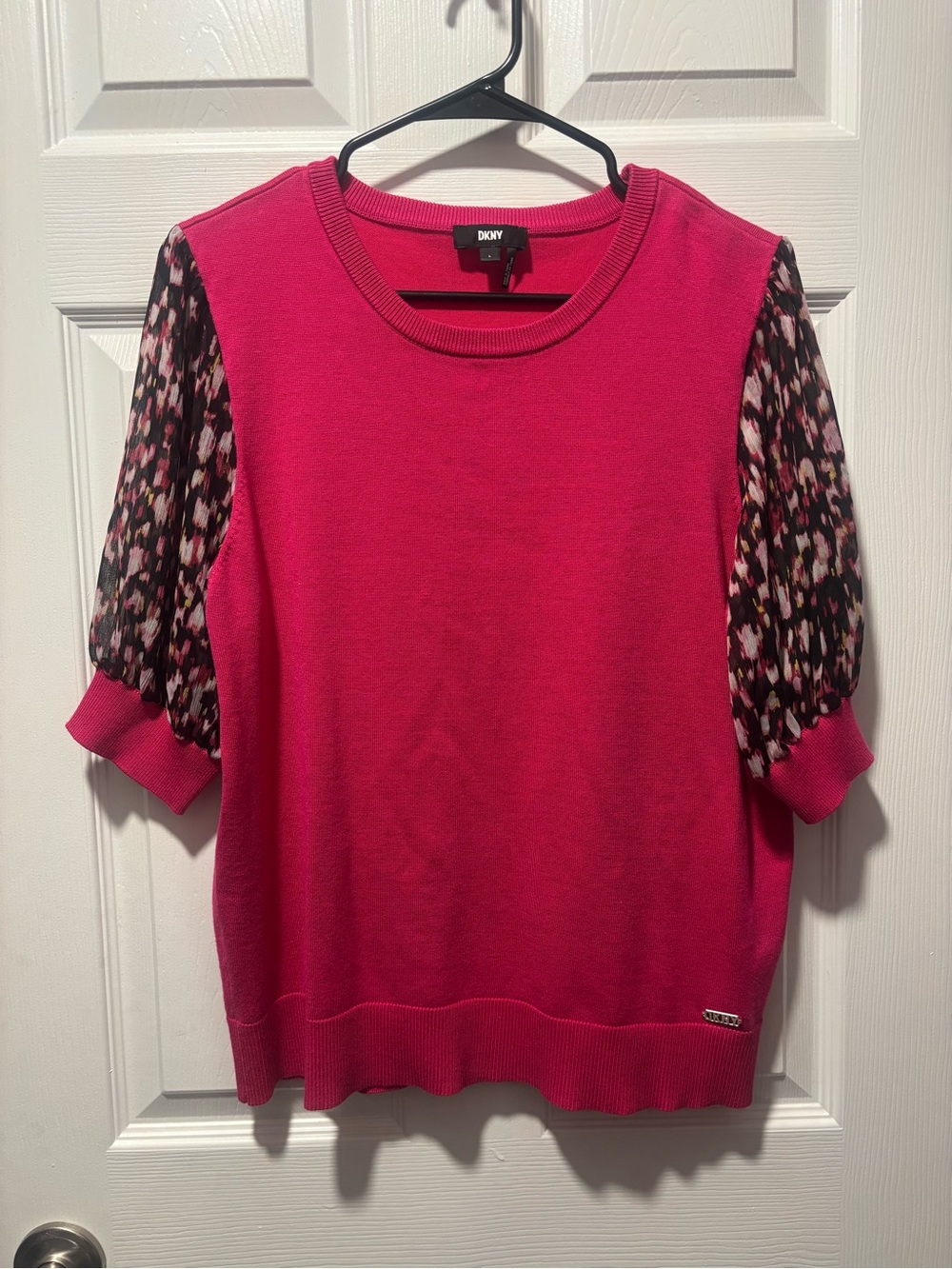 DKNY Hot Pink Knit Top with Printed Puff Sleeves